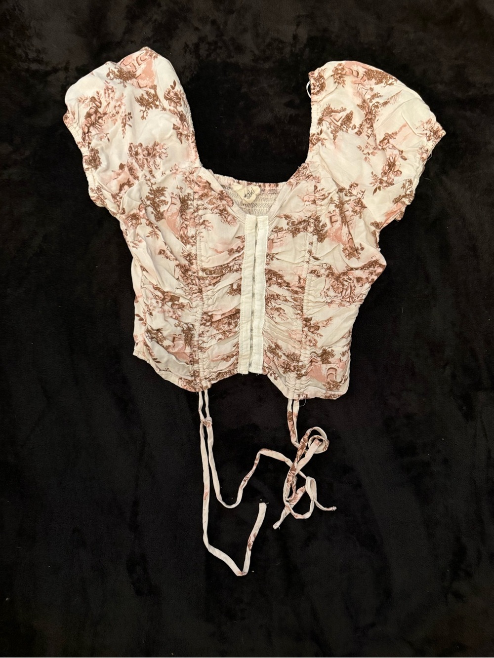 meraki Pink and Cream Floral Toile Smocked Crop Top